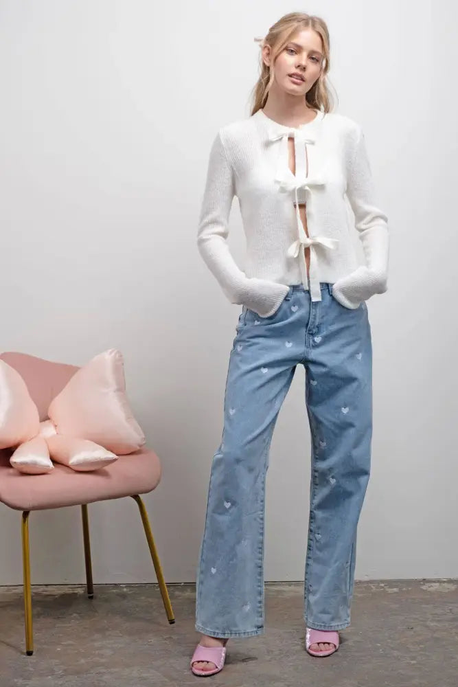 FRONT BOW DETAIL KNIT CARDIGAN: CREAM - Posh Finds