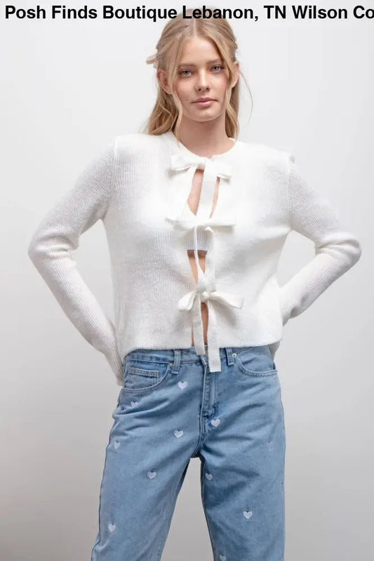 FRONT BOW DETAIL KNIT CARDIGAN: CREAM - Posh Finds