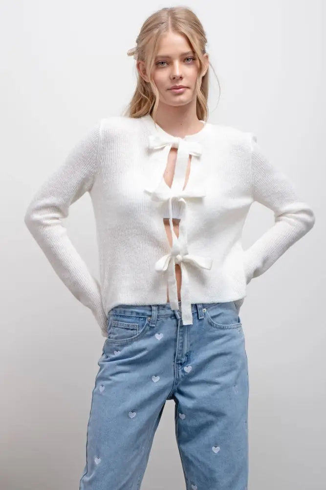 FRONT BOW DETAIL KNIT CARDIGAN: CREAM - Posh Finds