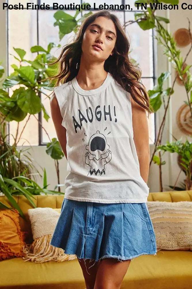 Front Graphic Print Tank Top: IVORY - Posh Finds