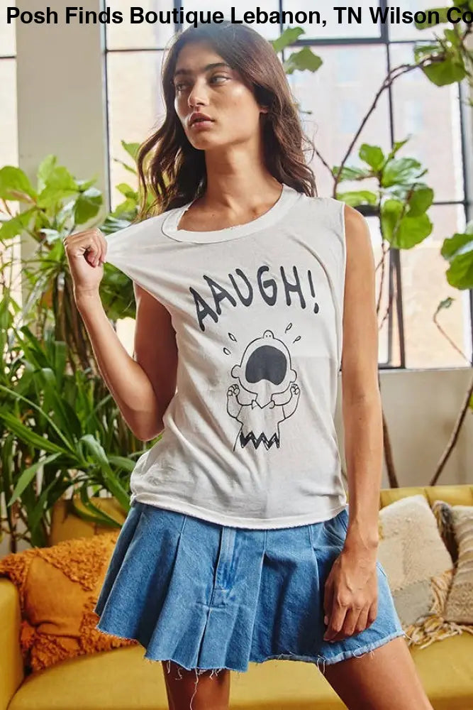 Front Graphic Print Tank Top: IVORY - Posh Finds