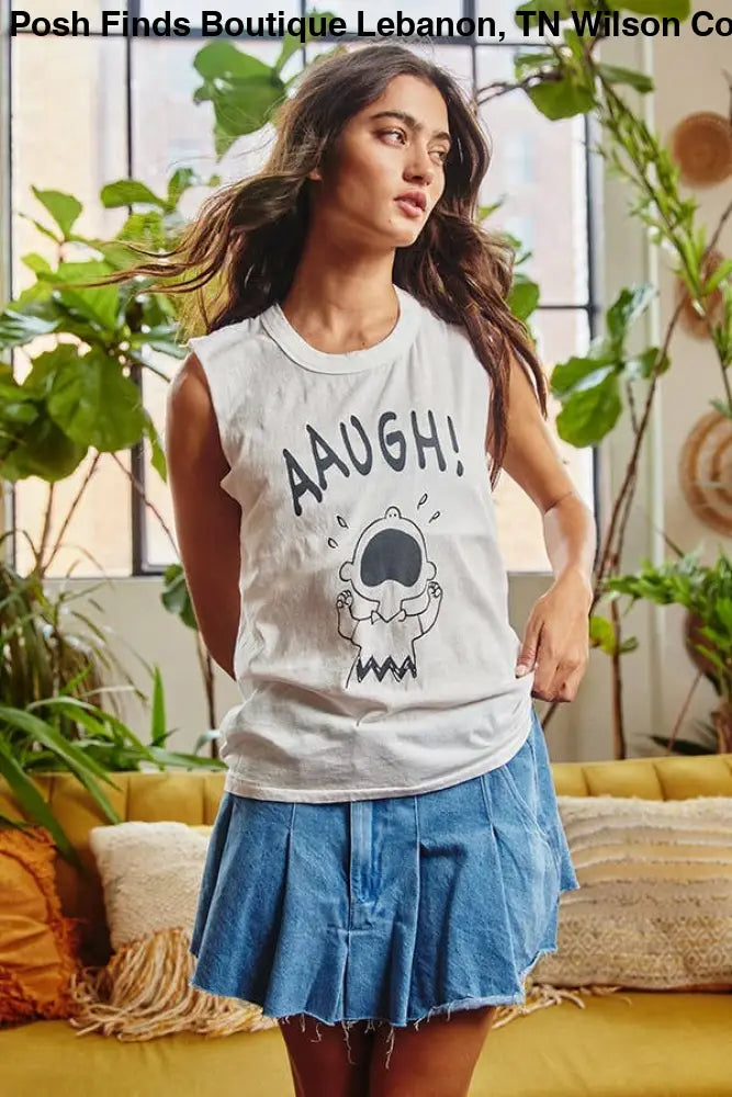 Front Graphic Print Tank Top: IVORY - Posh Finds