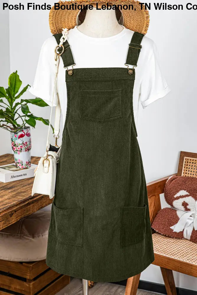 Front Pockets Sleeveless Corduroy Overall Dress Olive - Posh Finds