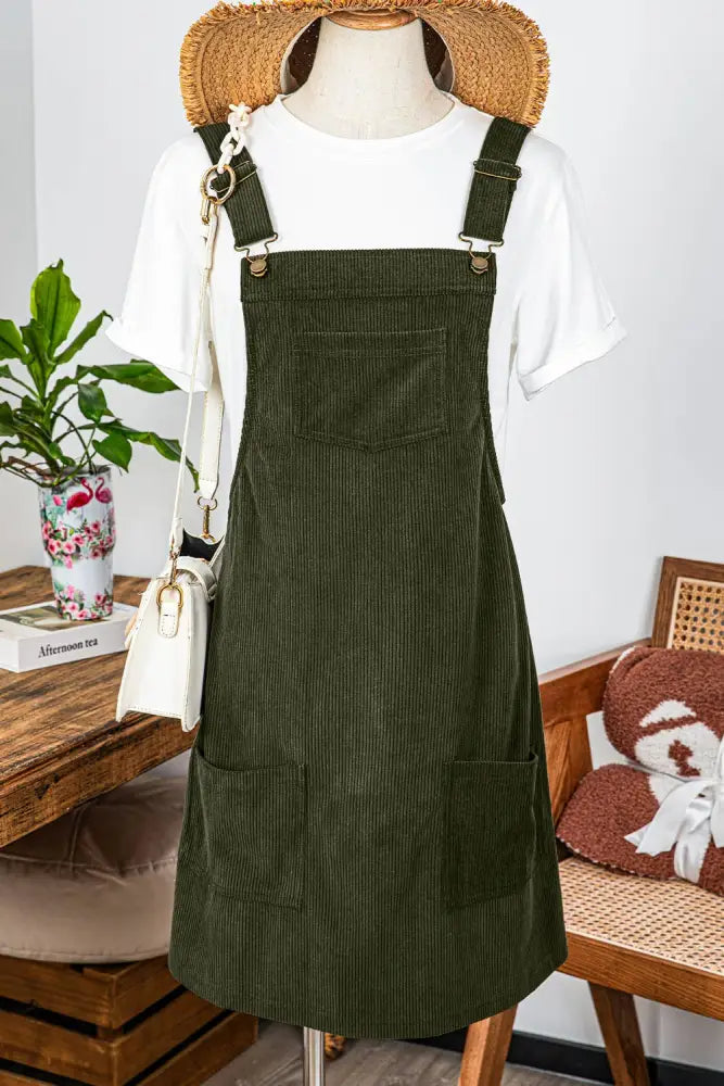 Front Pockets Sleeveless Corduroy Overall Dress Olive - Posh Finds