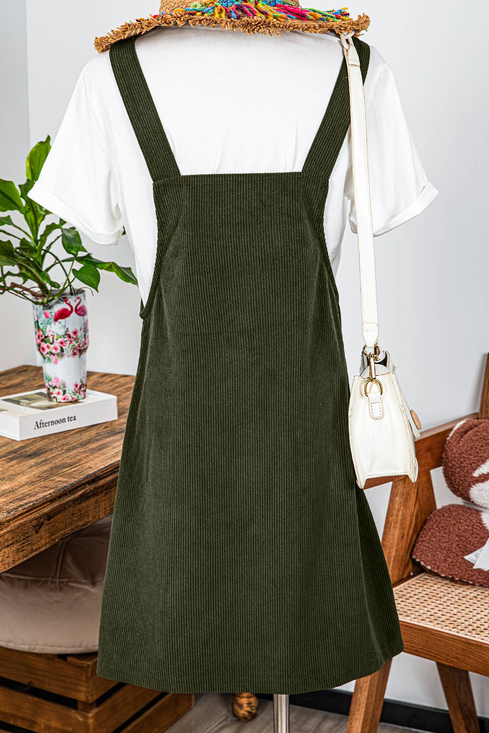 Front Pockets Sleeveless Corduroy Overall Dress Olive - Posh Finds
