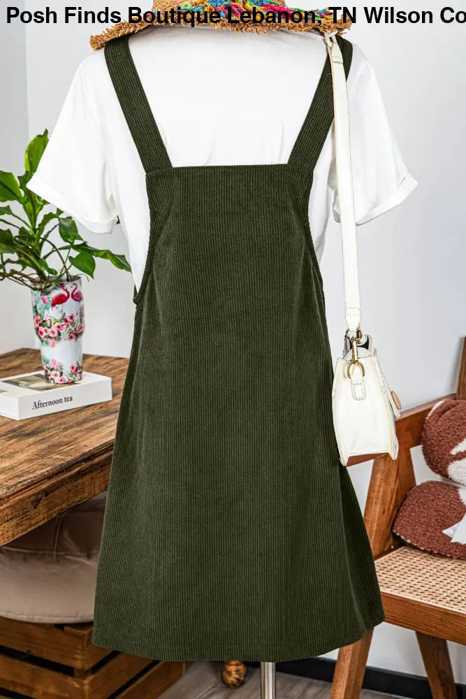 Front Pockets Sleeveless Corduroy Overall Dress Olive - Posh Finds