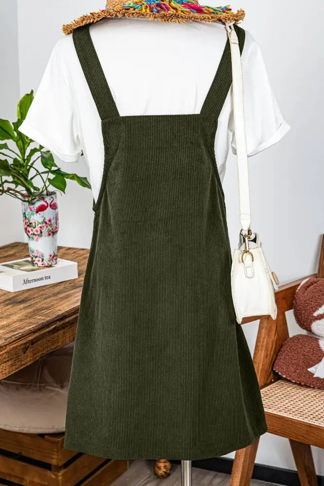 Front Pockets Sleeveless Corduroy Overall Dress Olive - Posh Finds