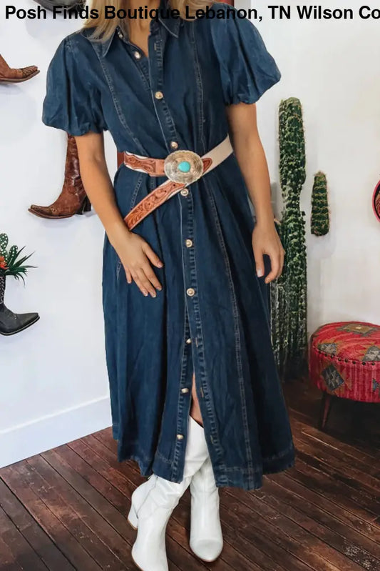 Full Buttons Collar Short Bubble Sleeve Long Denim Dress - Women > Dresses