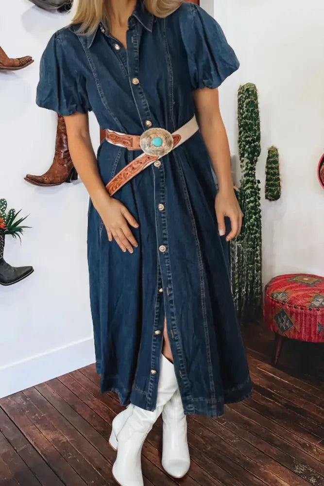 Full Buttons Collar Short Bubble Sleeve Long Denim Dress - Women > Dresses