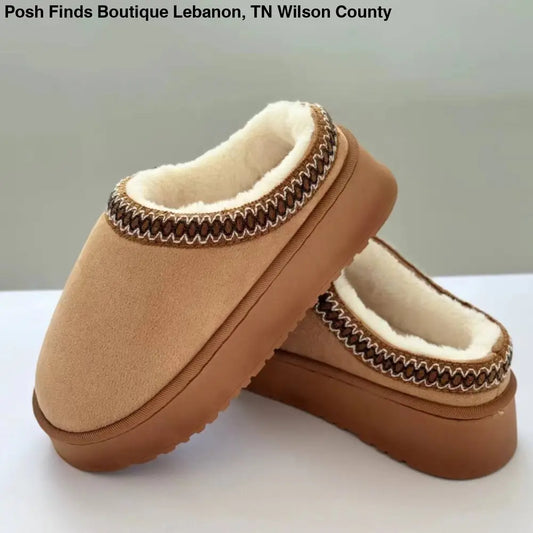 Furry Plush Platform Slippers : BROWN - Posh Finds