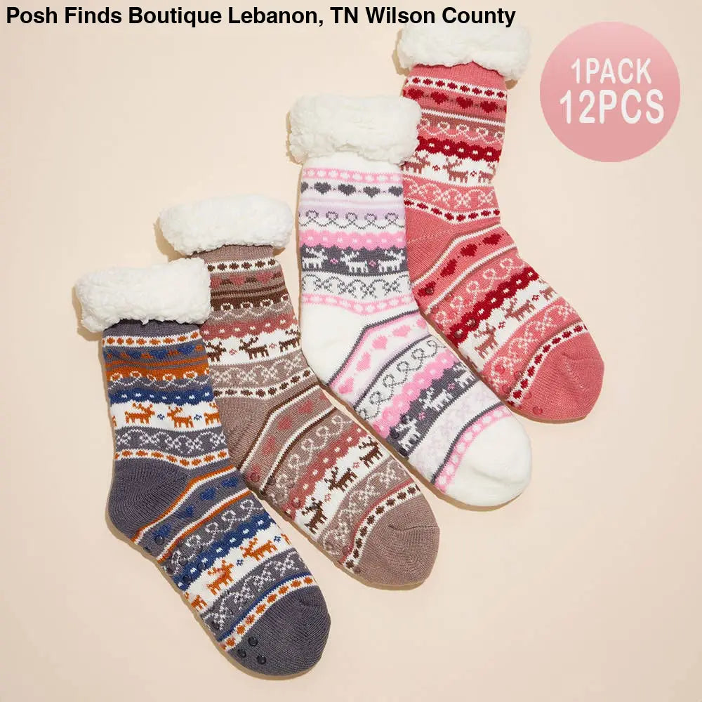 Fuzzy Sherpa Cuff Christmas Pattern Socks: Assorted - Posh Finds