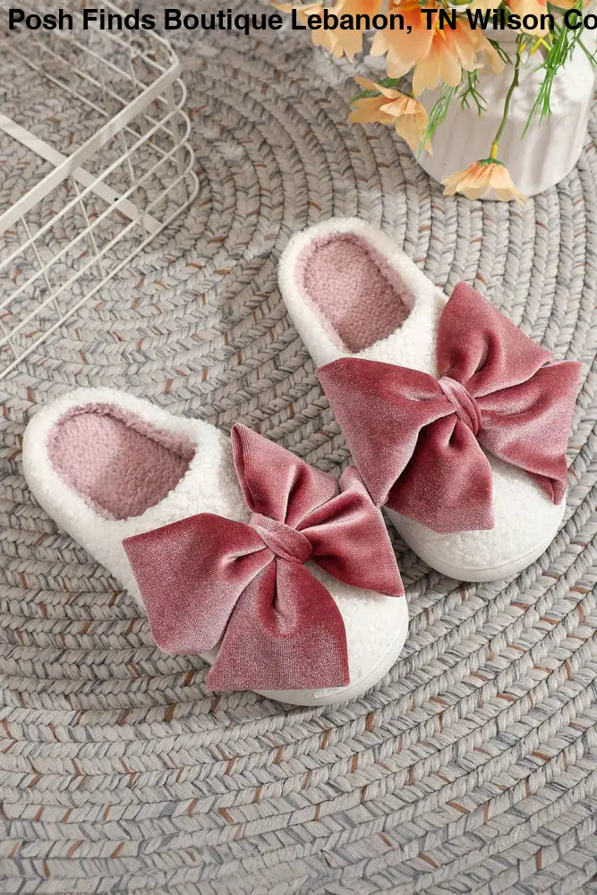 Glister Ribbon Bow Decor Contrast Liner Plush Slippers - Posh Finds