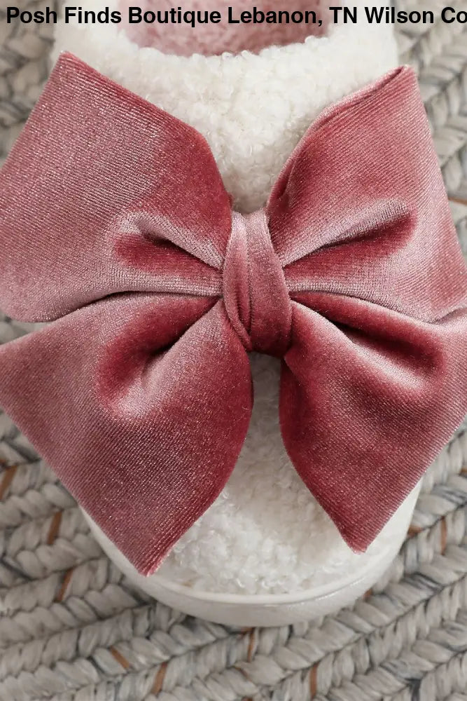 Glister Ribbon Bow Decor Contrast Liner Plush Slippers - Posh Finds