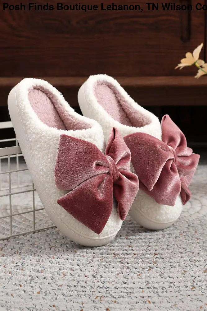 Glister Ribbon Bow Decor Contrast Liner Plush Slippers - Posh Finds
