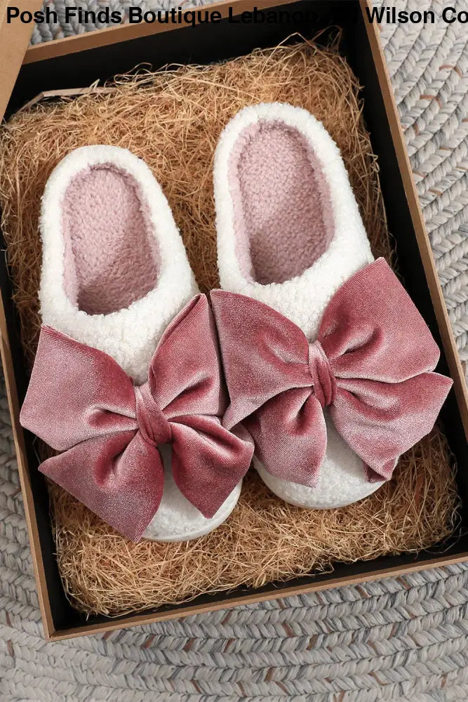 Glister Ribbon Bow Decor Contrast Liner Plush Slippers - Posh Finds
