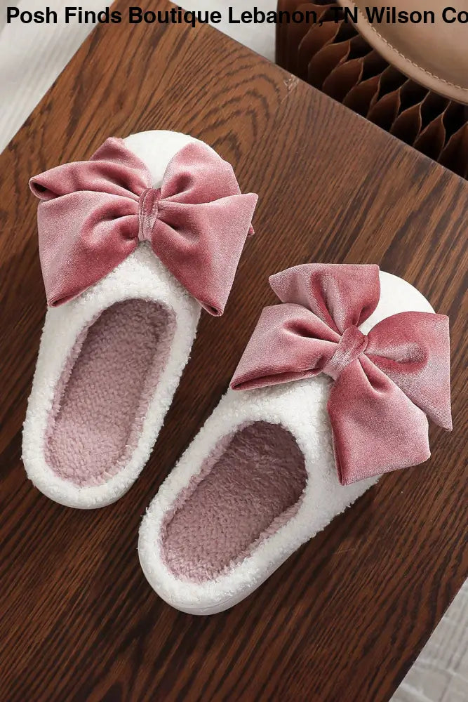Glister Ribbon Bow Decor Contrast Liner Plush Slippers - Posh Finds