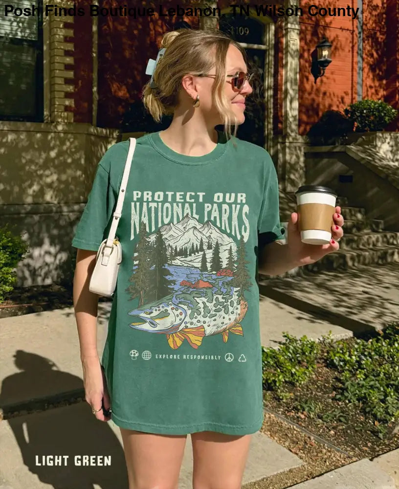 Green Vintage National Parks Wildlife Tee Hiking Camping Shirt - Women > Tops