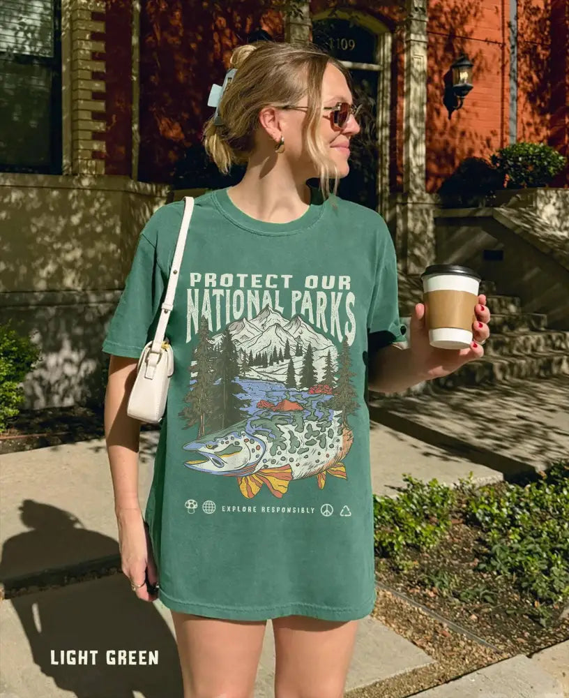 Green Vintage National Parks Wildlife Tee Hiking Camping Shirt - Women > Tops