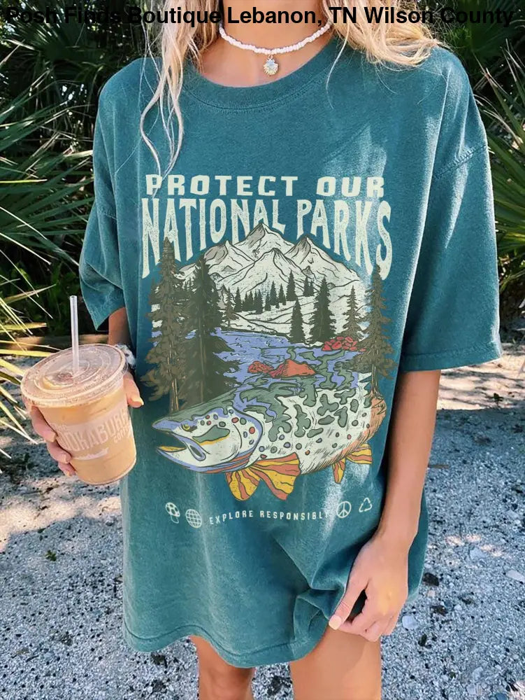 Green Vintage National Parks Wildlife Tee Hiking Camping Shirt - Women > Tops