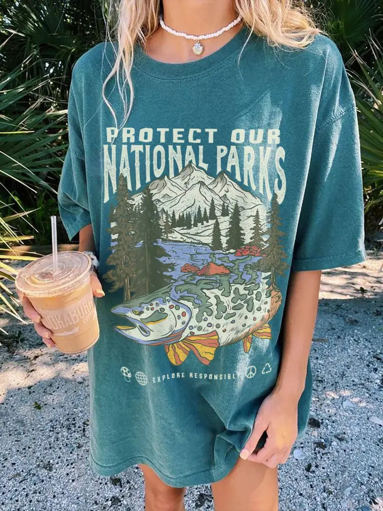Green Vintage National Parks Wildlife Tee Hiking Camping Shirt - Women > Tops