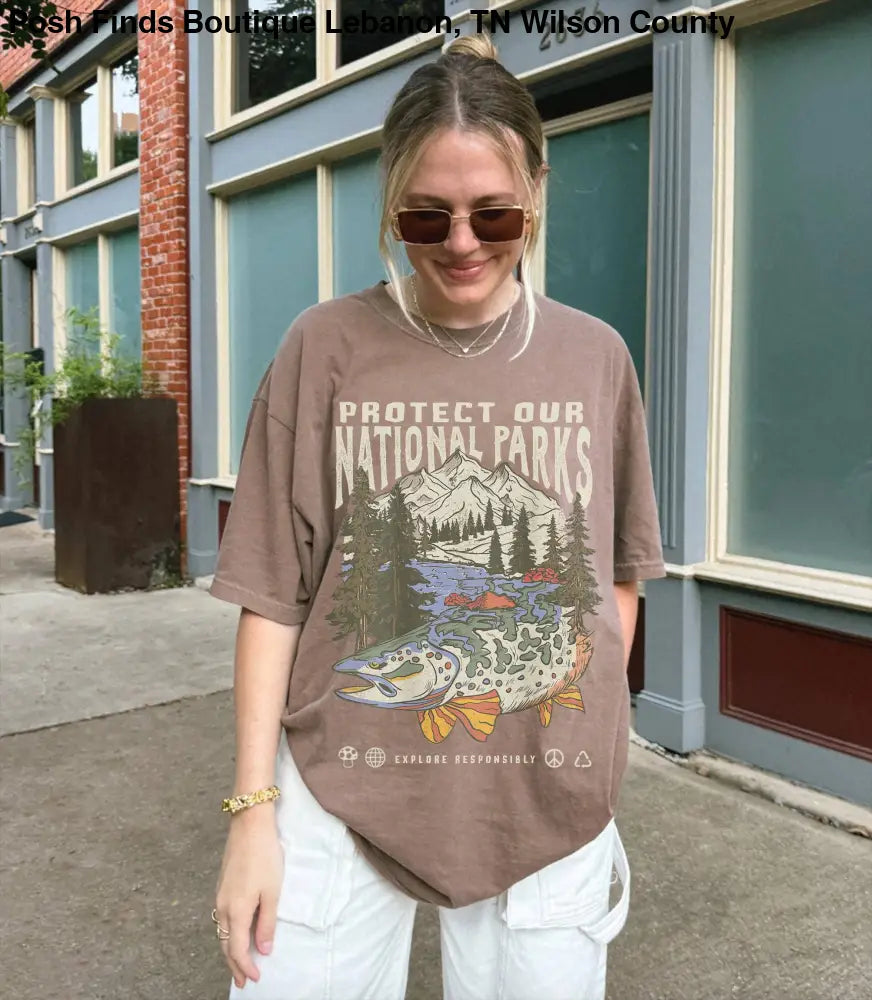 Green Vintage National Parks Wildlife Tee Hiking Camping Shirt - Women > Tops