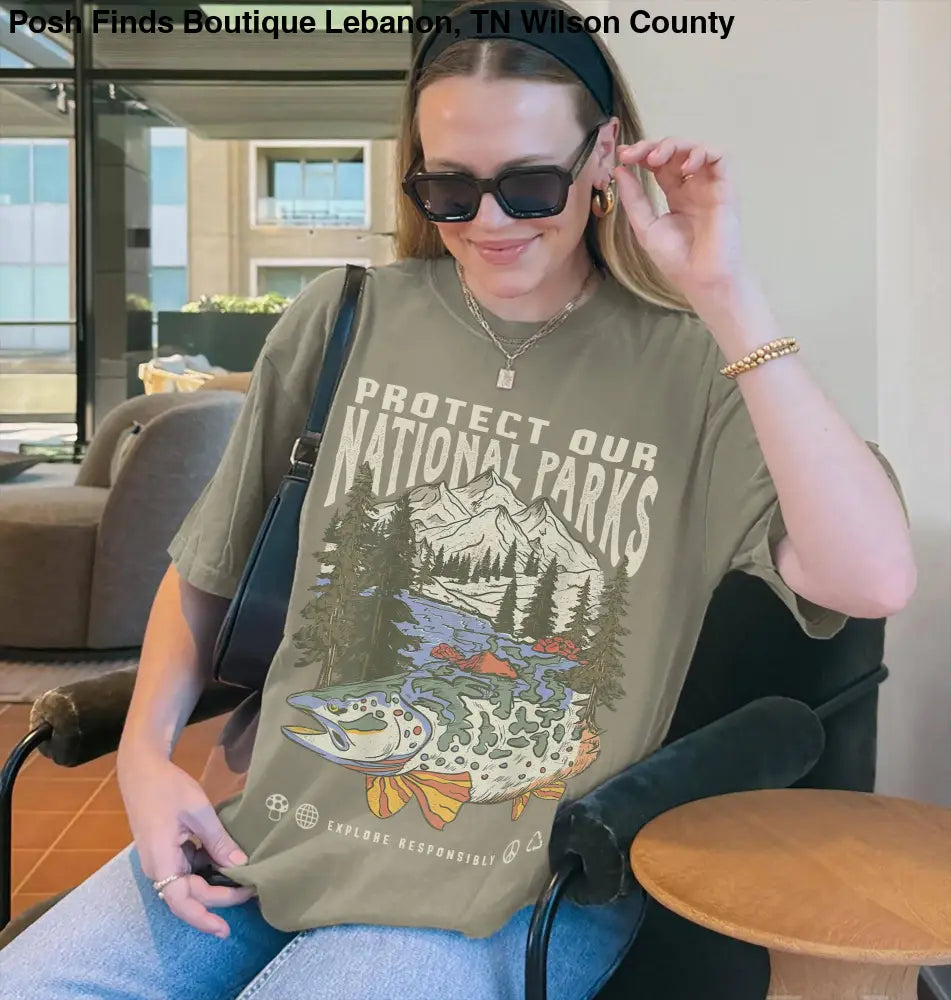 Green Vintage National Parks Wildlife Tee Hiking Camping Shirt - Women > Tops
