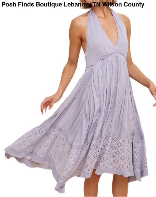 HALTER LACE TRIM MIDI DRESS: MORNING FOG - Posh Finds