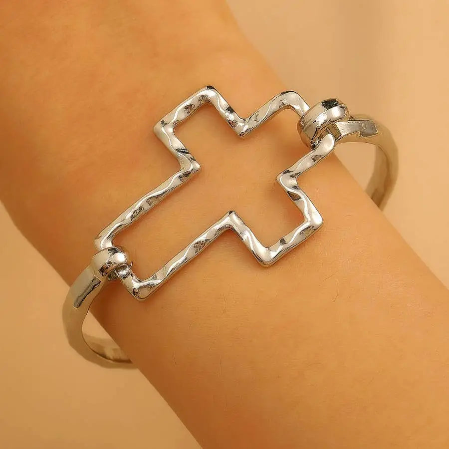 Hammered Open Cross Bangle - Silver or Gold | 40B5235: Gold