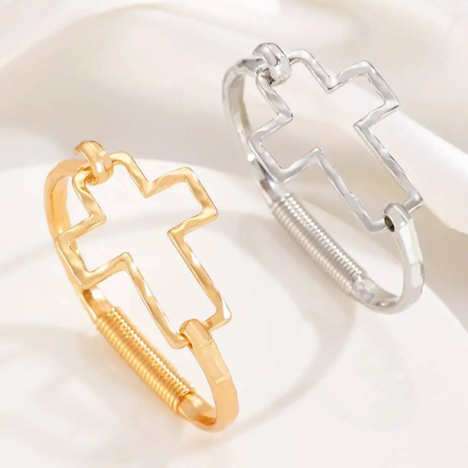 Hammered Open Cross Bangle - Silver or Gold | 40B5235: Gold