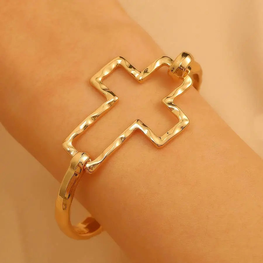 Hammered Open Cross Bangle - Silver or Gold | 40B5235: Gold