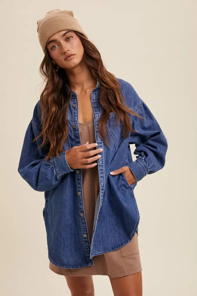 Heart Detail Oversized Denim Shirt LJ0248: Light Denim / L