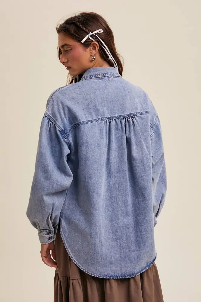 Heart Detail Oversized Denim Shirt LJ0248: Light Denim / L