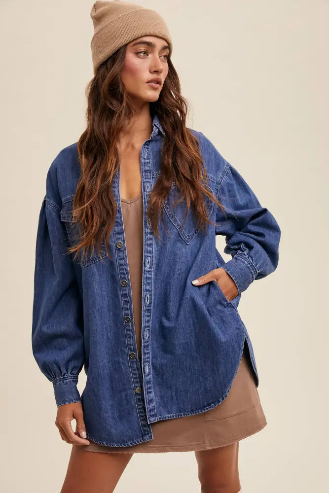 Heart Detail Oversized Denim Shirt LJ0248: Light Denim / L