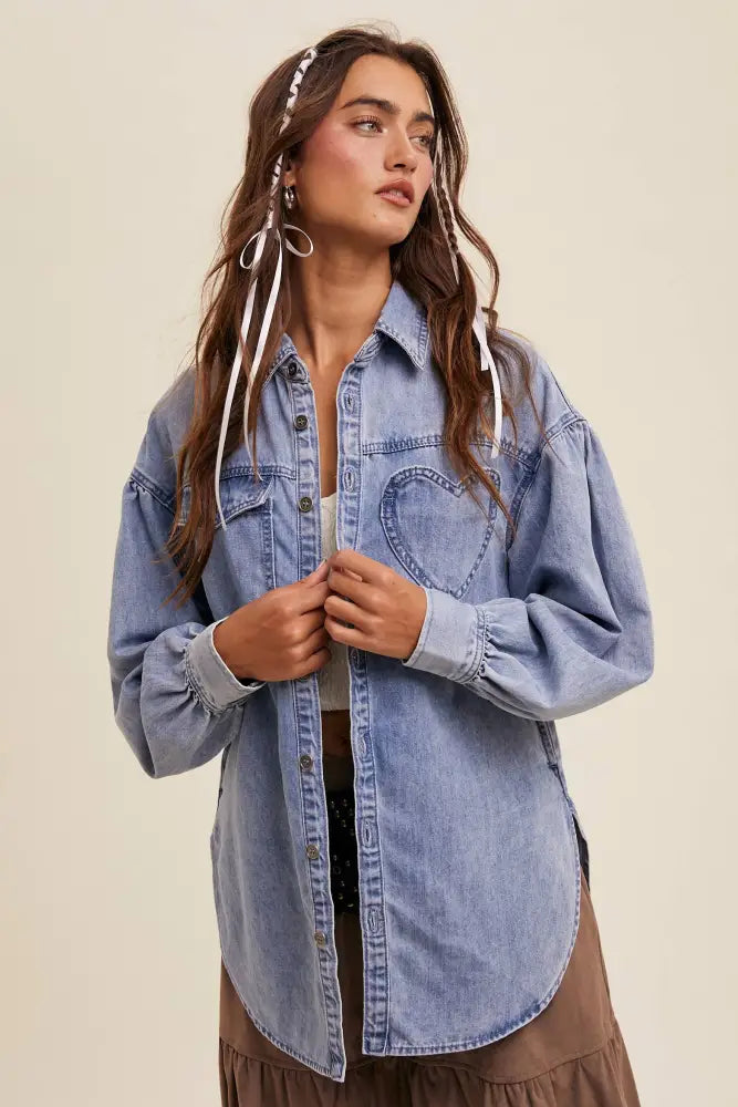 Heart Detail Oversized Denim Shirt LJ0248: Light Denim / M