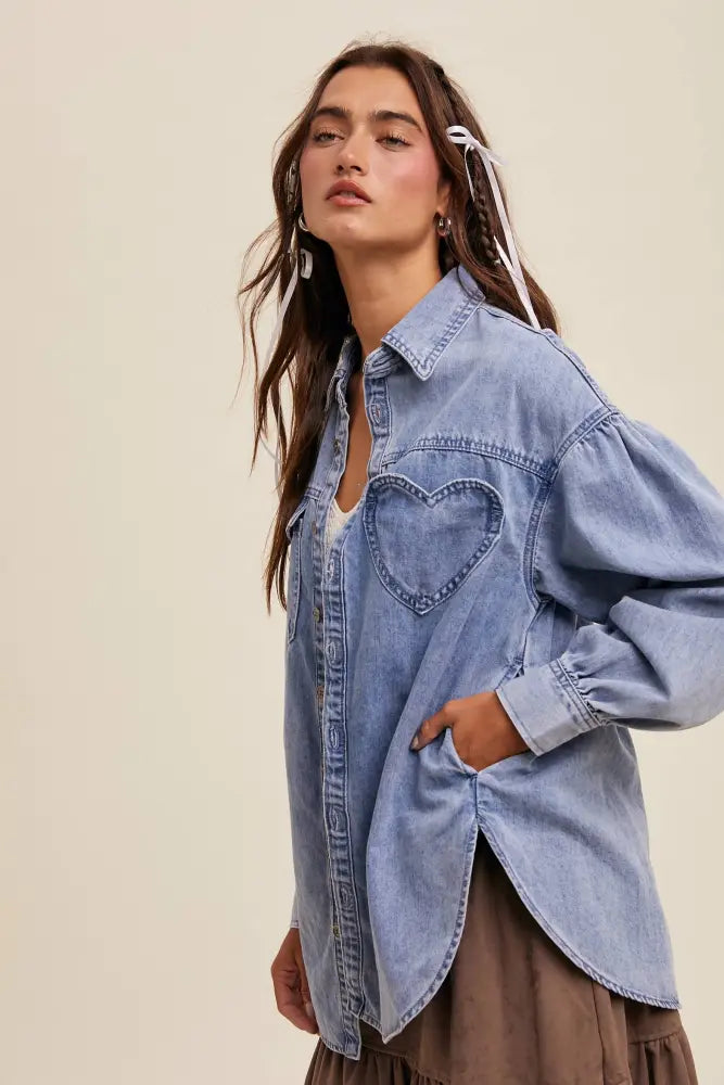 Heart Detail Oversized Denim Shirt LJ0248: Light Denim / M
