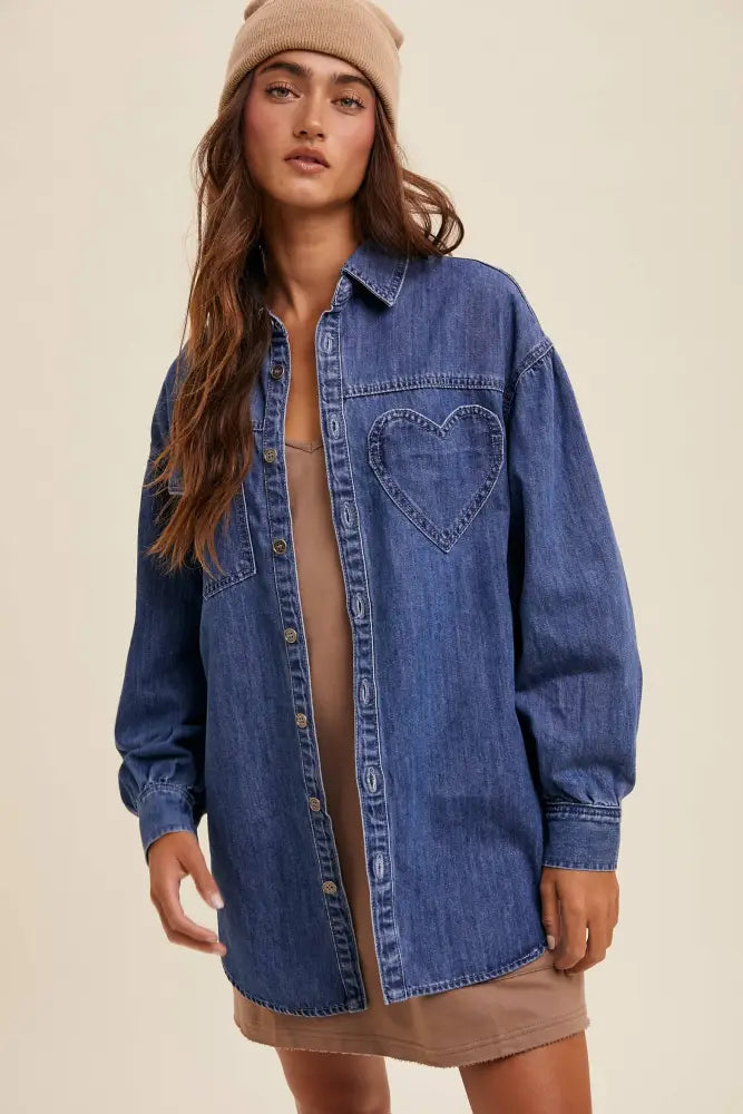Heart Detail Oversized Denim Shirt LJ0248: Light Denim / M