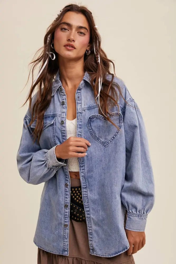 Heart Detail Oversized Denim Shirt LJ0248: Light Denim / M