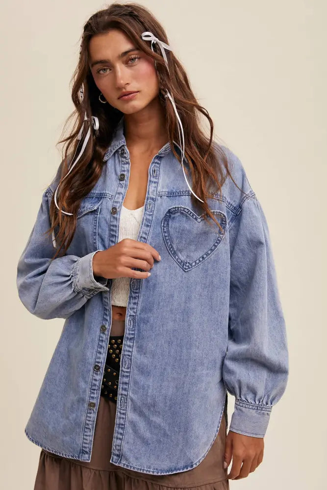 Heart Detail Oversized Denim Shirt LJ0248: Light Denim / S