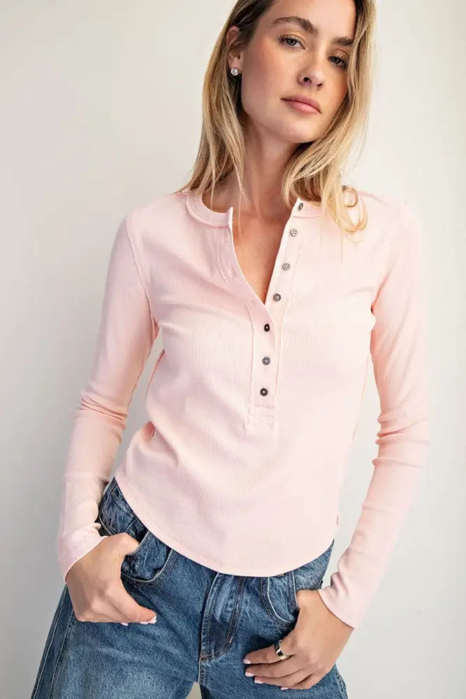 Henley Button Closures Top - Soft Pink - Women > Tops