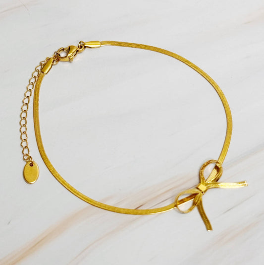 Herringbone Chain Bow Anklet Gold - Posh Finds