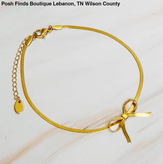 Herringbone Chain Bow Anklet Gold - Posh Finds