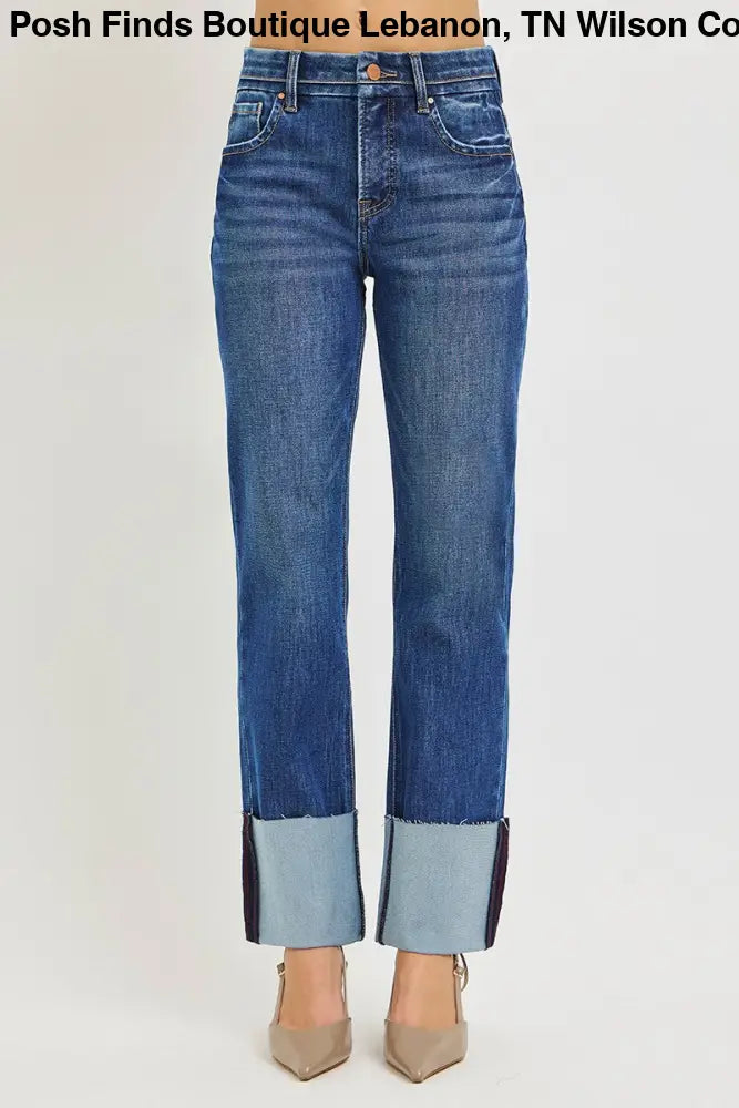 High Rise Ankle Straight Wide Cuff Jean Dark Wash - Jeans