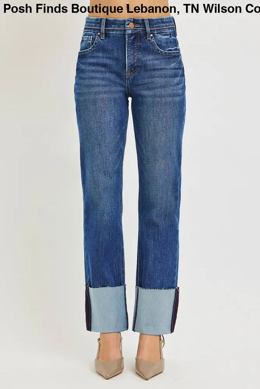 High Rise Ankle Straight Wide Cuff Jean Dark Wash - Jeans