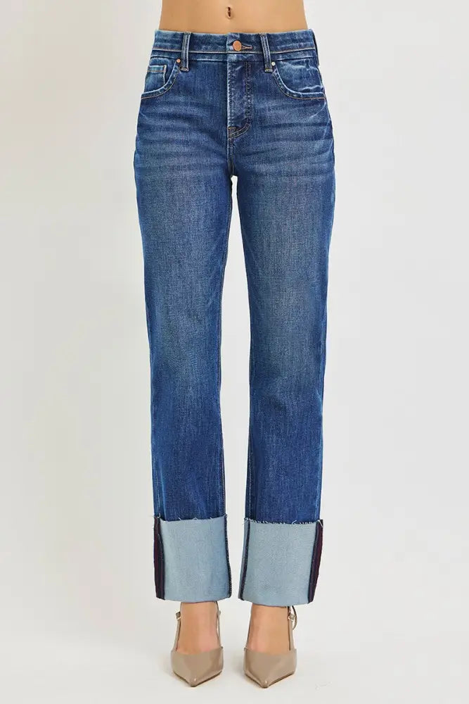 High Rise Ankle Straight Wide Cuff Jean Dark Wash - Jeans