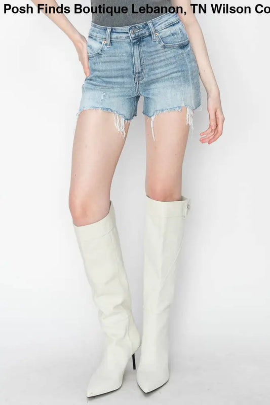 HIGH RISE STRETCH DENIM SHORTS: LIGHT / S