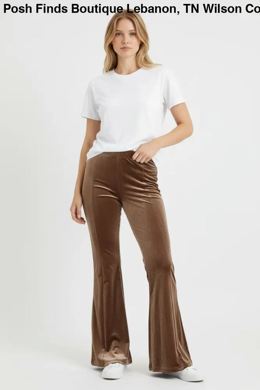 High Waist Knit Velvet Stretch Wide Flare Leg Pant with Elastic Waist Almond - Posh Finds