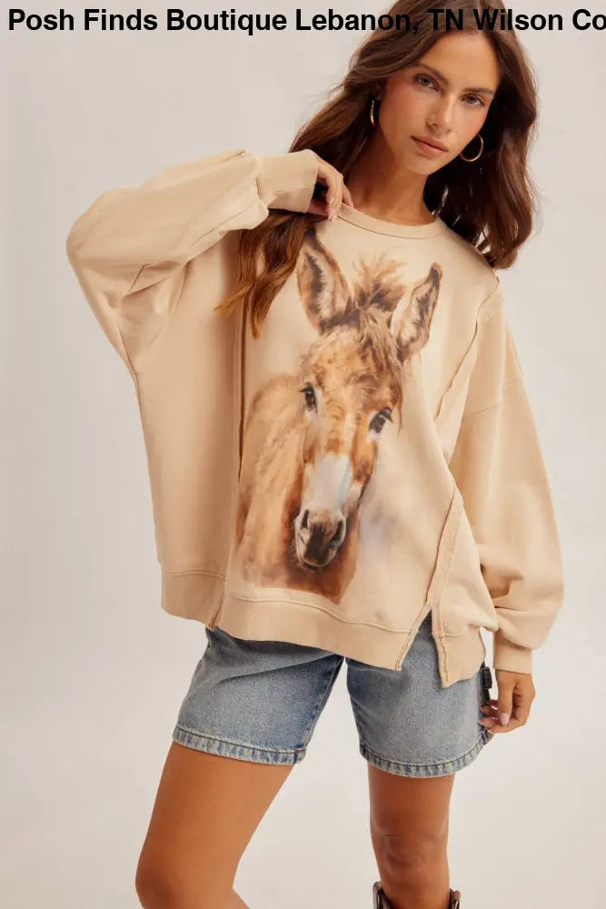 Horse Terry Oversized Top with Slits Tan - Top