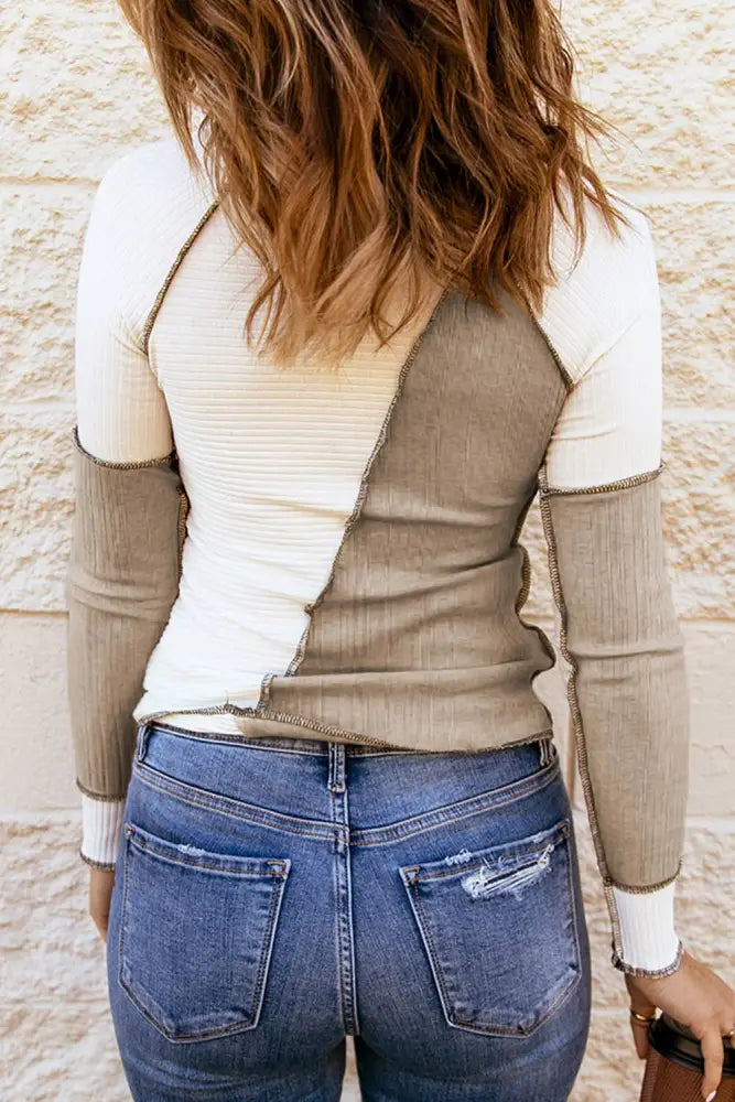 Irregular Color Block Seaming Trim Rib Knit Top: Black - Posh Finds