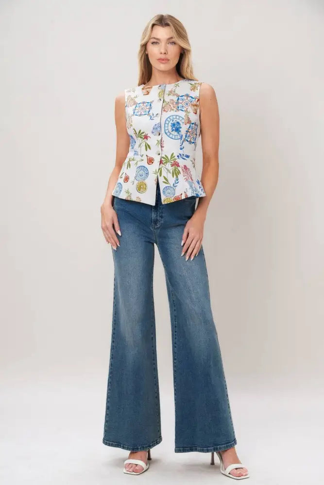 Ivory Printed Woven Vest - Women > Tops