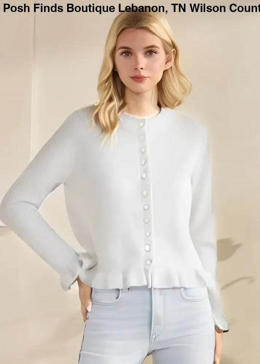 Ivory Ruffled Hem Cardigan - Posh Finds
